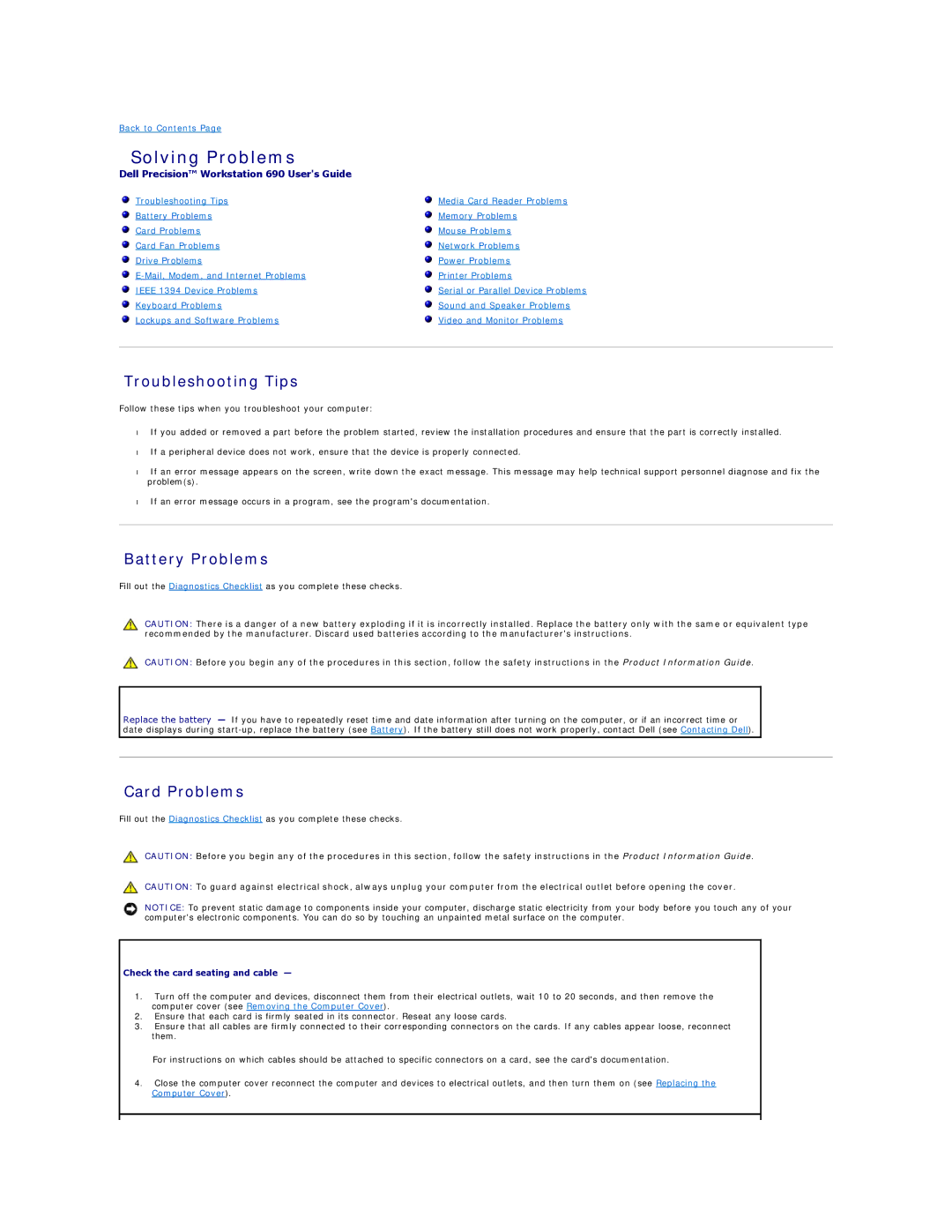 Dell 690 manual Solving Problems, Troubleshooting Tips, Battery Problems, Card Problems, Check the card seating and cable 