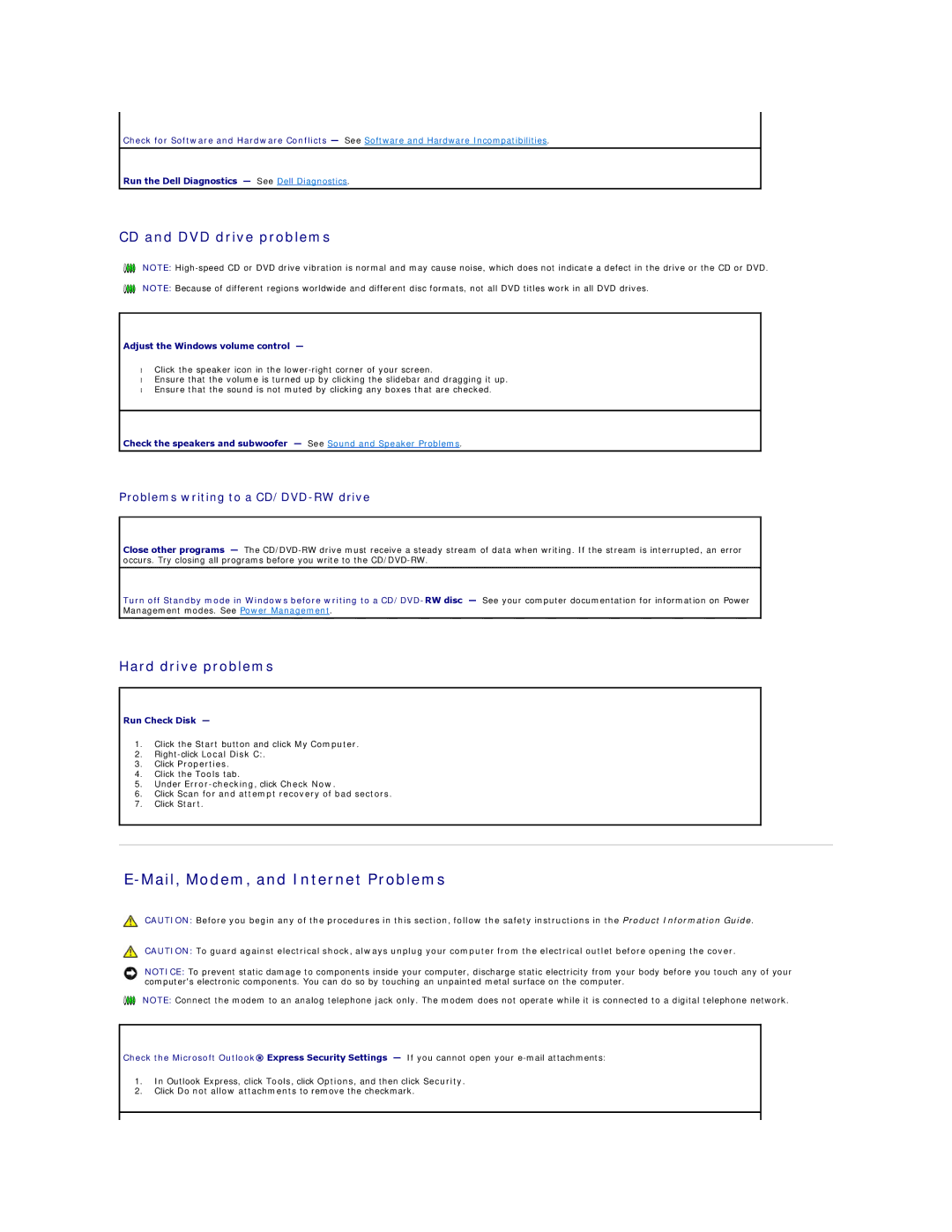 Dell 690 manual Mail, Modem, and Internet Problems, CD and DVD drive problems, Hard drive problems 