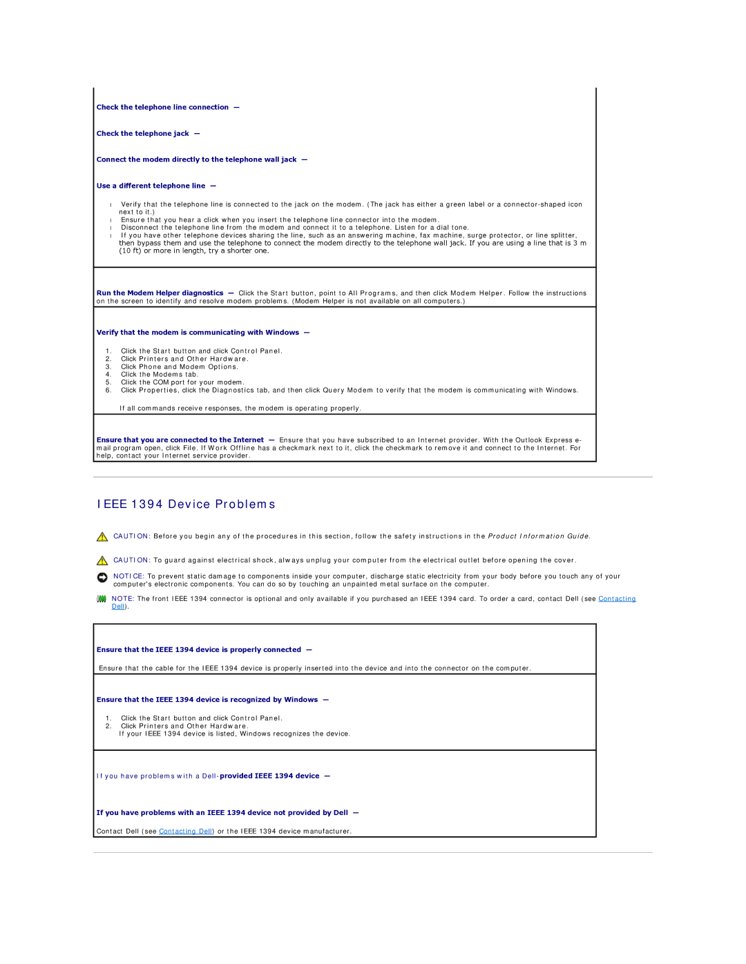 Dell 690 Ieee 1394 Device Problems, Verify that the modem is communicating with Windows, Click Printers and Other Hardware 