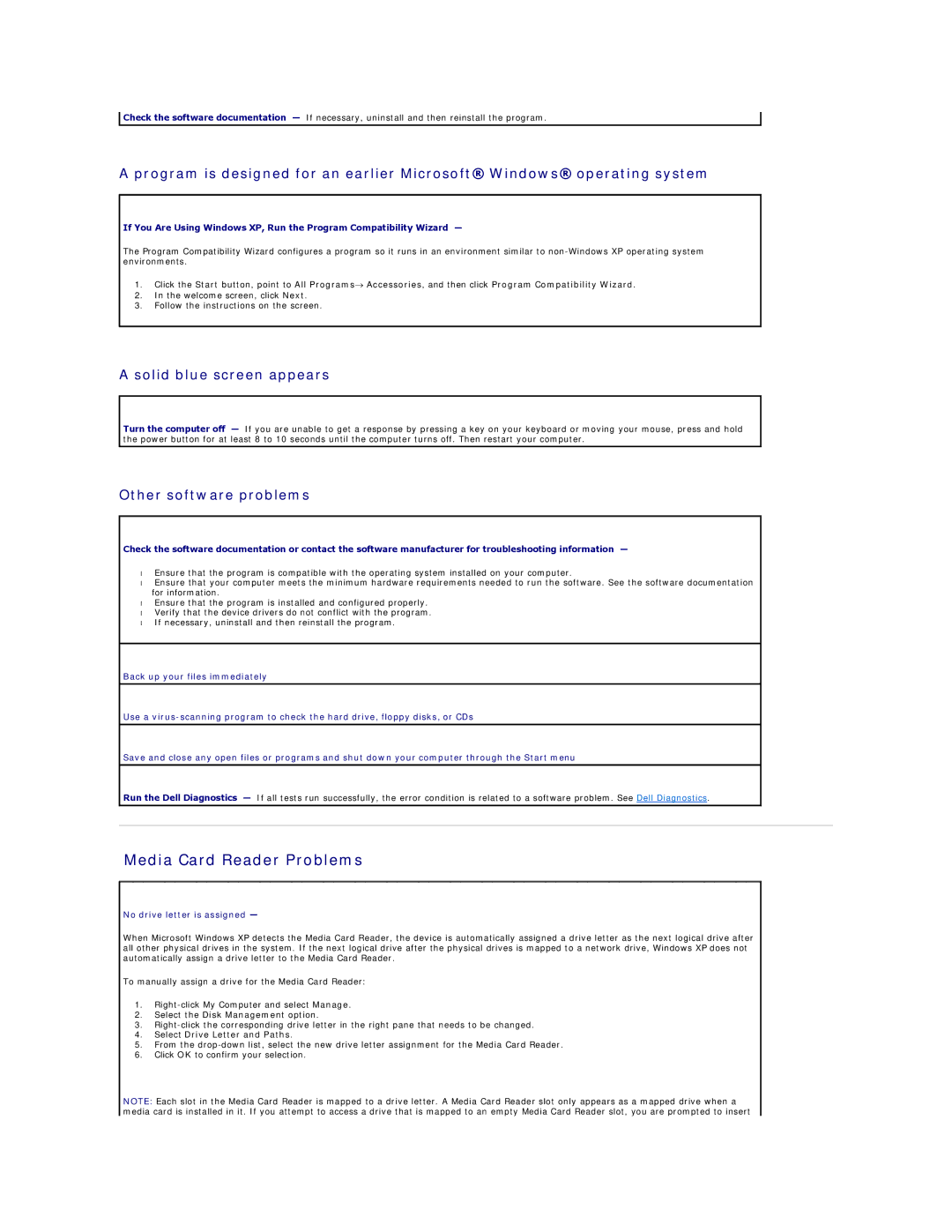 Dell 690 manual Media Card Reader Problems, Solid blue screen appears, Other software problems, No drive letter is assigned 