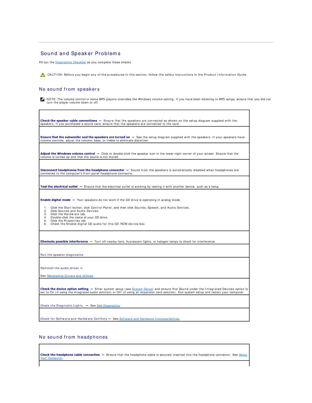 Dell 690 manual Sound and Speaker Problems, No sound from speakers, No sound from headphones 