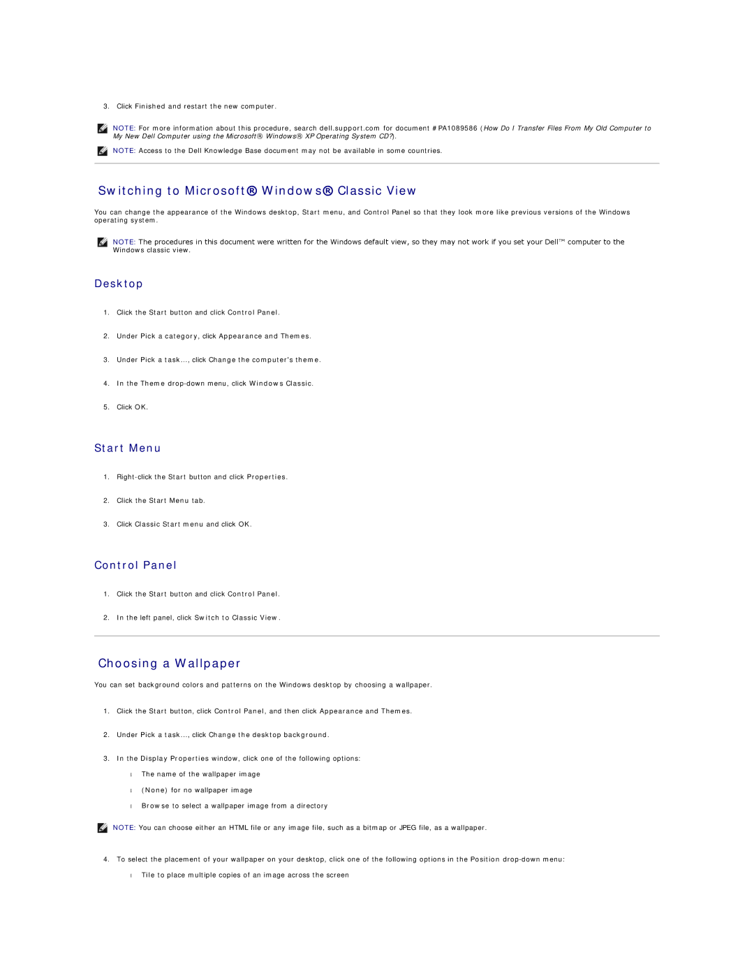Dell 690 manual Switching to Microsoft Windows Classic View, Choosing a Wallpaper, Desktop, Start Menu, Control Panel 