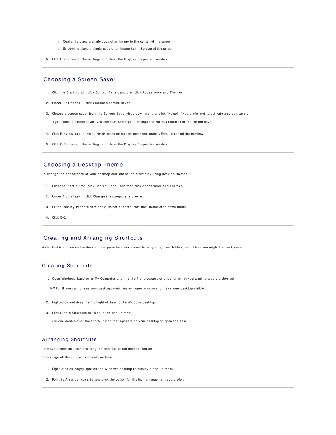 Dell 690 manual Choosing a Screen Saver, Choosing a Desktop Theme, Creating and Arranging Shortcuts, Creating Shortcuts 
