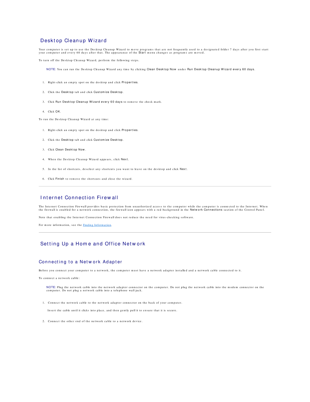 Dell 690 manual Desktop Cleanup Wizard, Internet Connection Firewall, Setting Up a Home and Office Network 