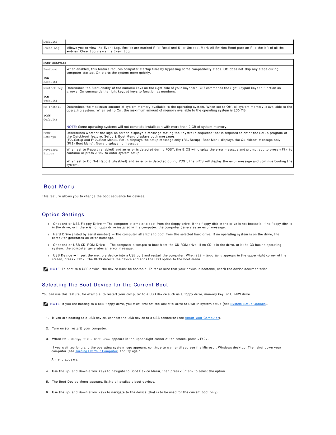 Dell 690 manual Boot Menu, Option Settings, Selecting the Boot Device for the Current Boot 