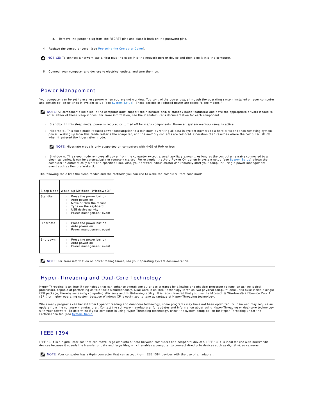 Dell 690 manual Power Management, Hyper-Threading and Dual-Core Technology, Ieee, Sleep Mode Wake-Up Methods Windows XP 