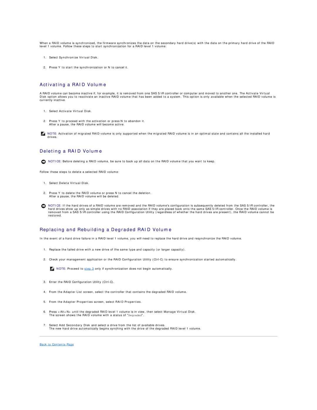 Dell 690 manual Activating a RAID Volume, Deleting a RAID Volume, Replacing and Rebuilding a Degraded RAID Volume 