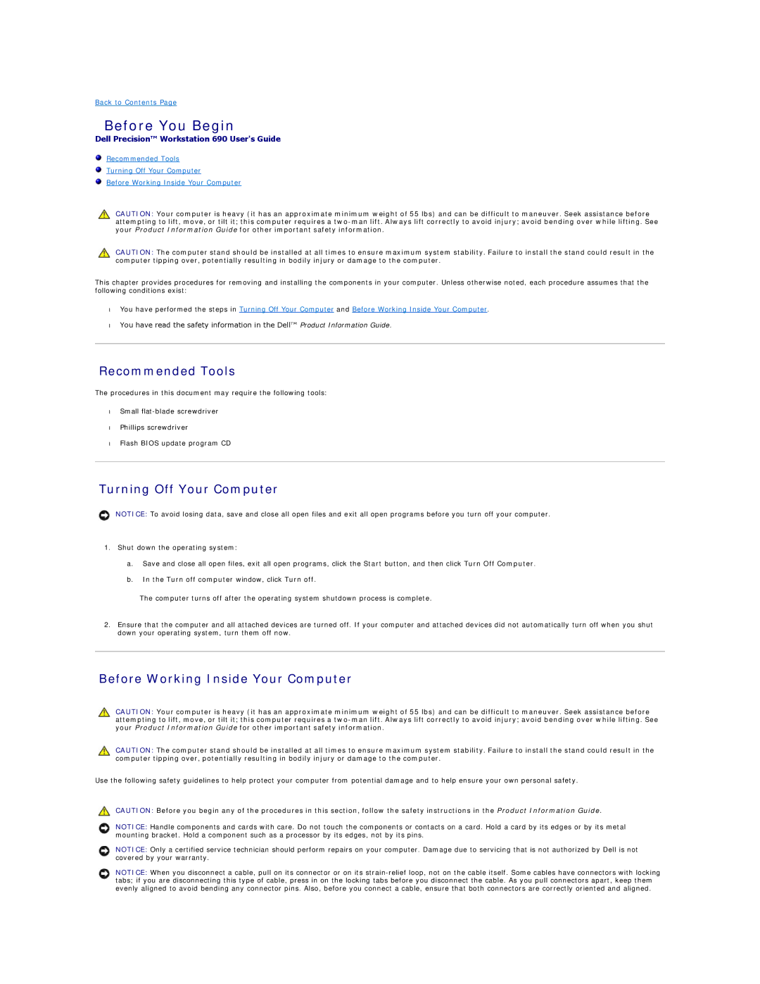 Dell 690 manual Before You Begin, Recommended Tools, Turning Off Your Computer, Before Working Inside Your Computer 