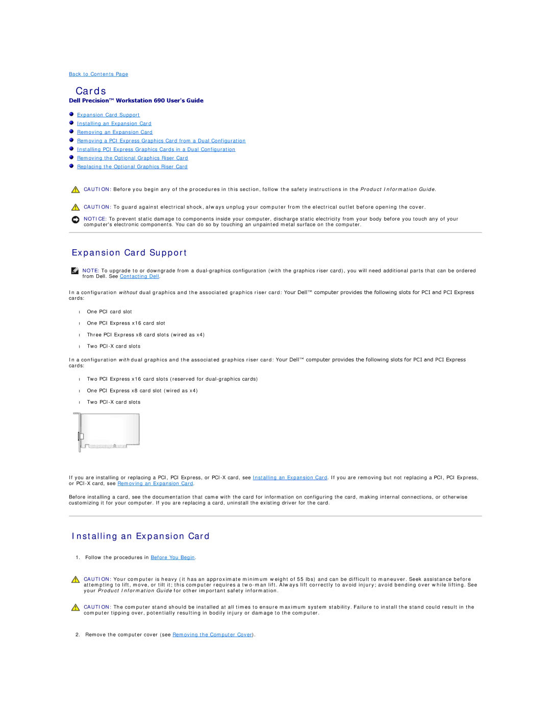 Dell 690 manual Cards, Expansion Card Support, Installing an Expansion Card 