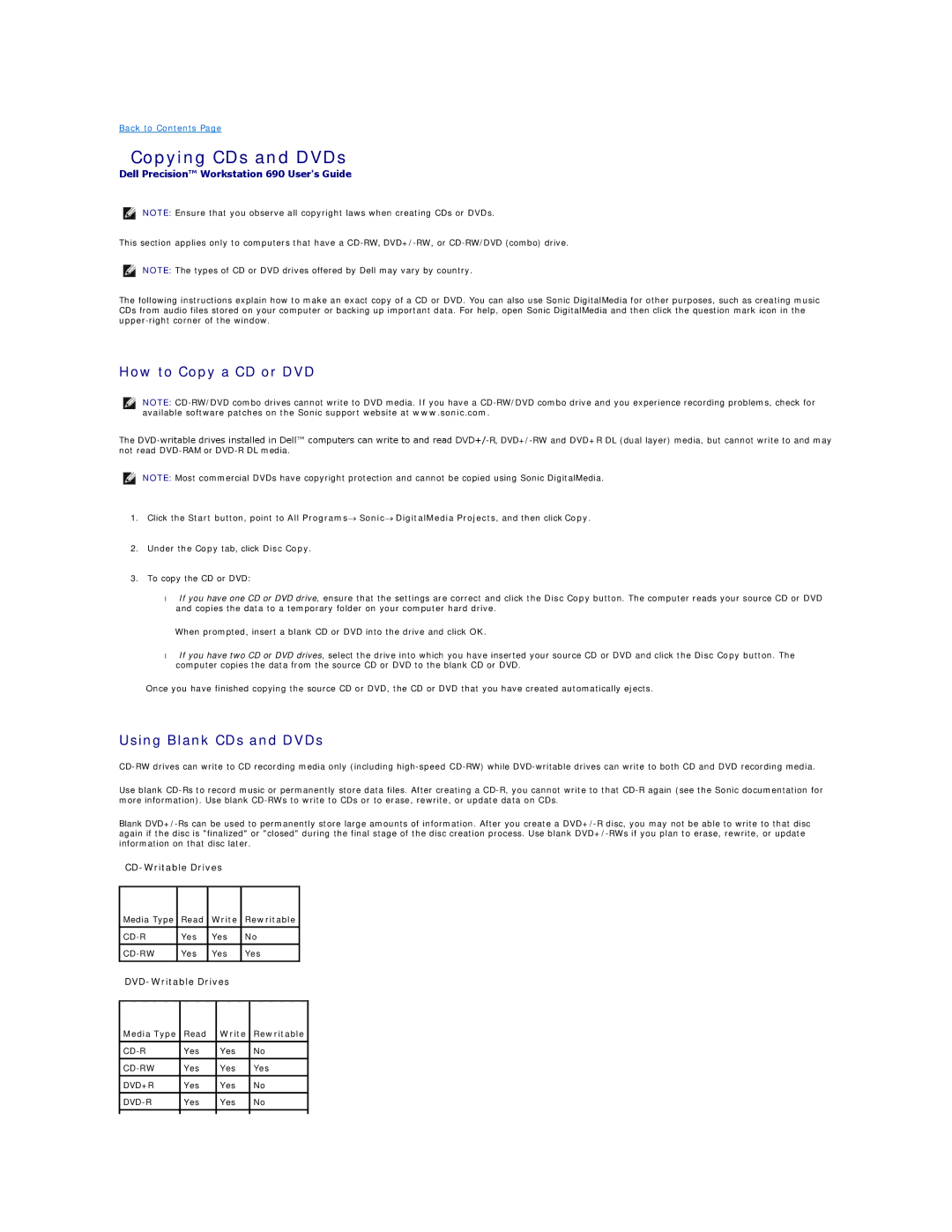 Dell 690 manual Copying CDs and DVDs, How to Copy a CD or DVD, Using Blank CDs and DVDs, Read Write Rewritable 