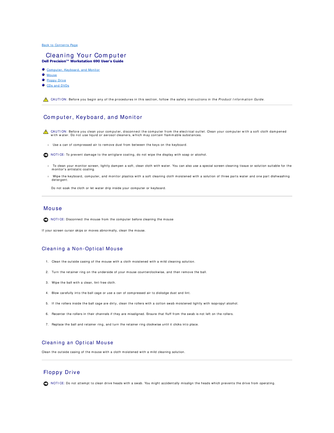 Dell 690 manual Cleaning Your Computer, Computer, Keyboard, and Monitor, Mouse, Floppy Drive 