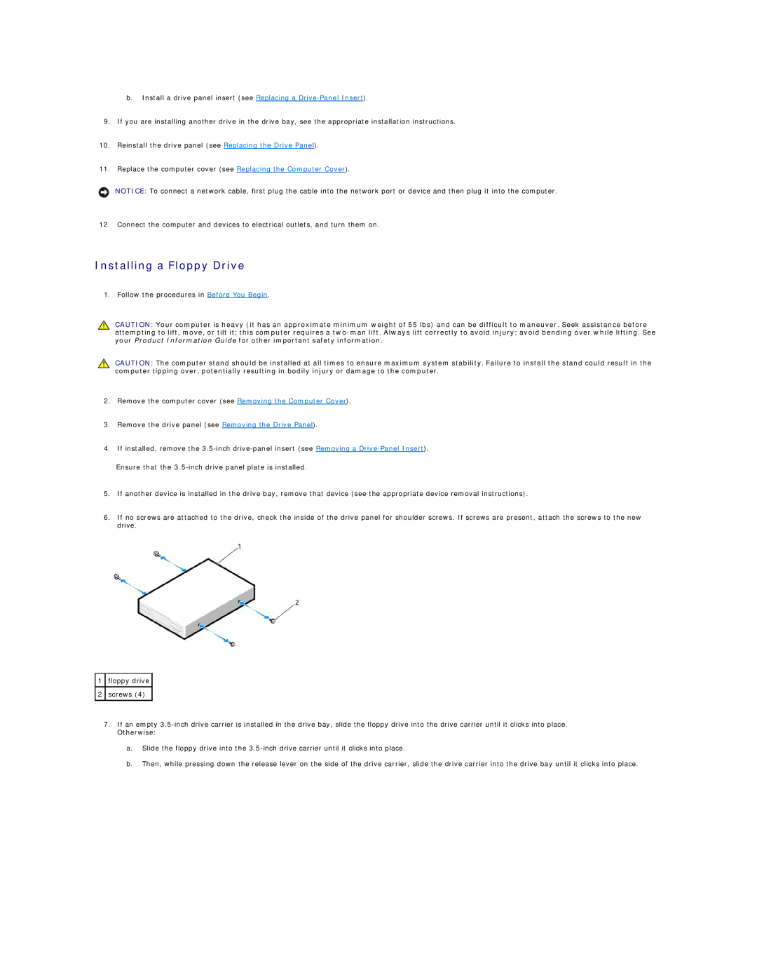 Dell 690 manual Installing a Floppy Drive 