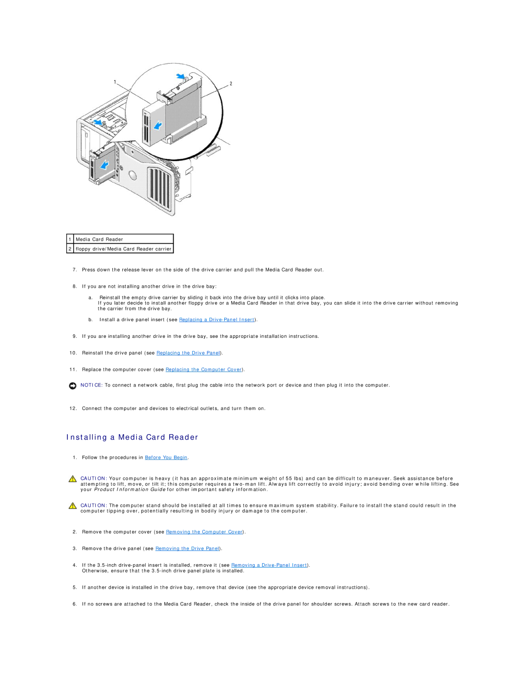 Dell 690 manual Installing a Media Card Reader 