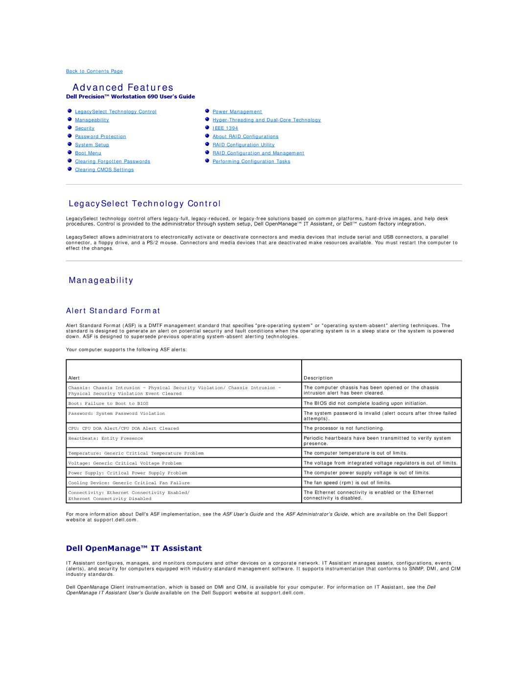 Dell 690 manual Advanced Features, LegacySelect Technology Control, Manageability, Alert Standard Format 