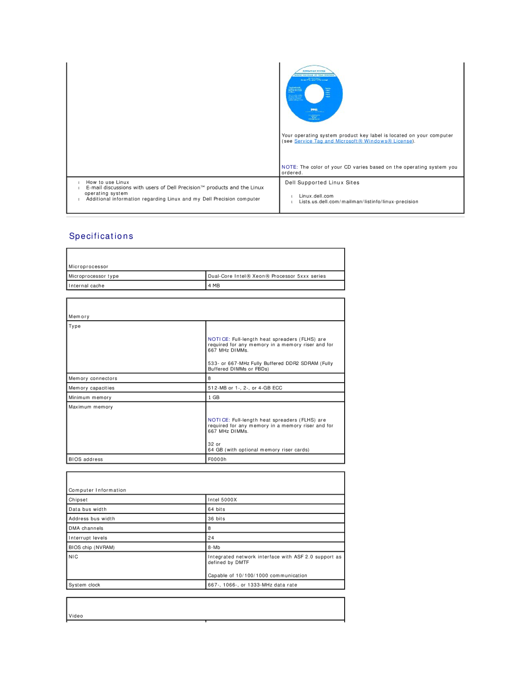 Dell 690 manual Specifications, Microprocessor, Memory, Computer Information, Video 