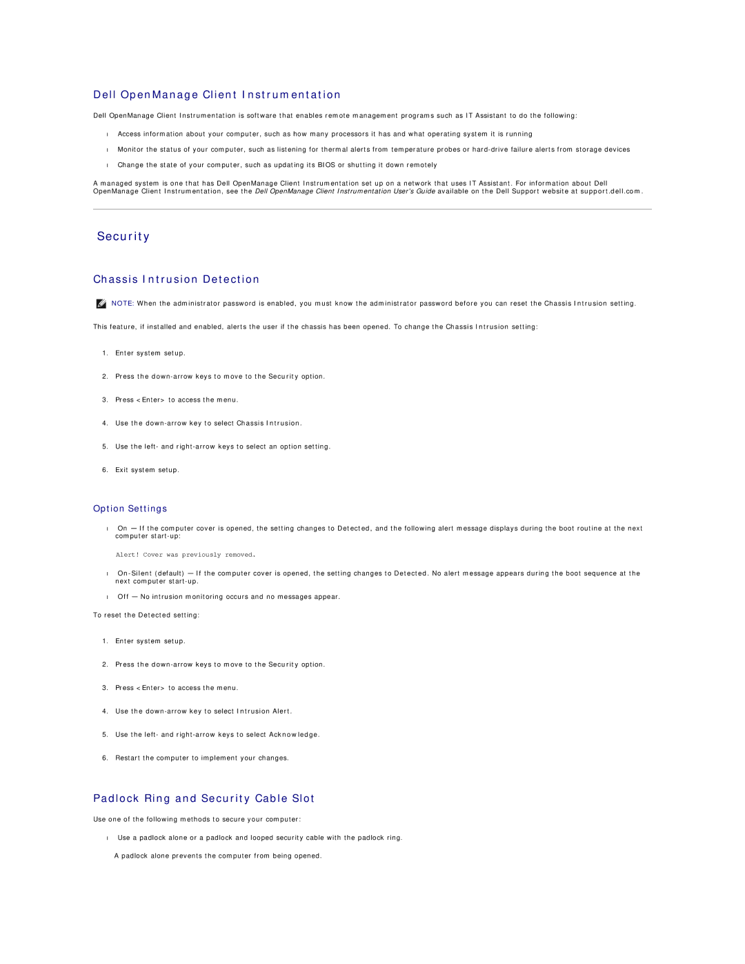 Dell 690 manual Security, Dell OpenManage Client Instrumentation, Chassis Intrusion Detection, Option Settings 