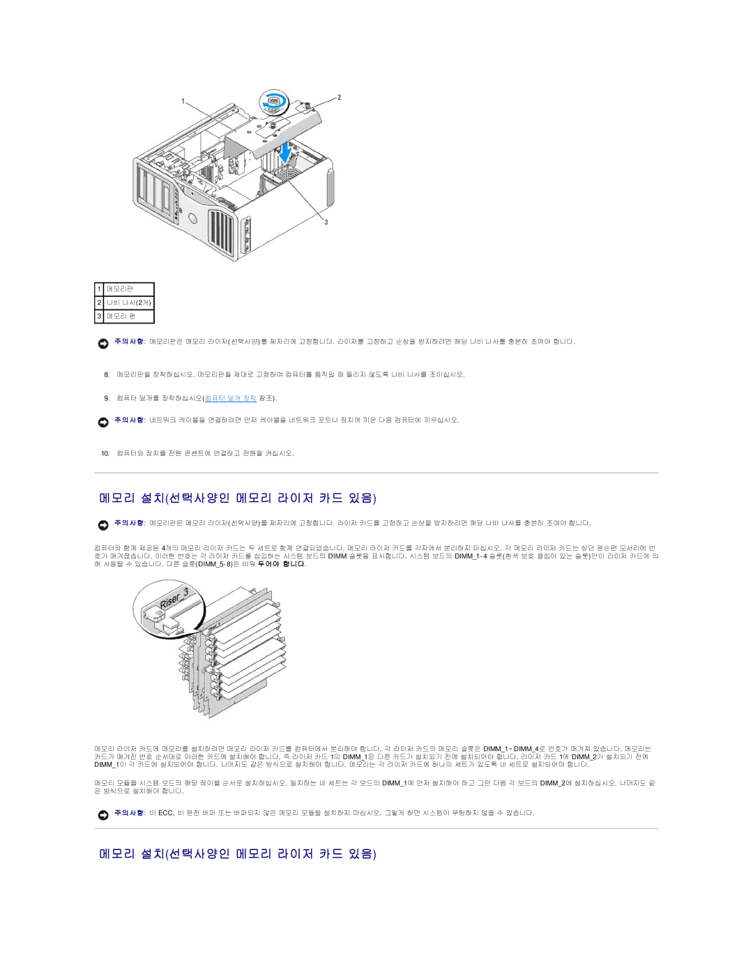 Dell 690 manual 메모리 설치선택사양인 메모리 라이저 카드 있음 