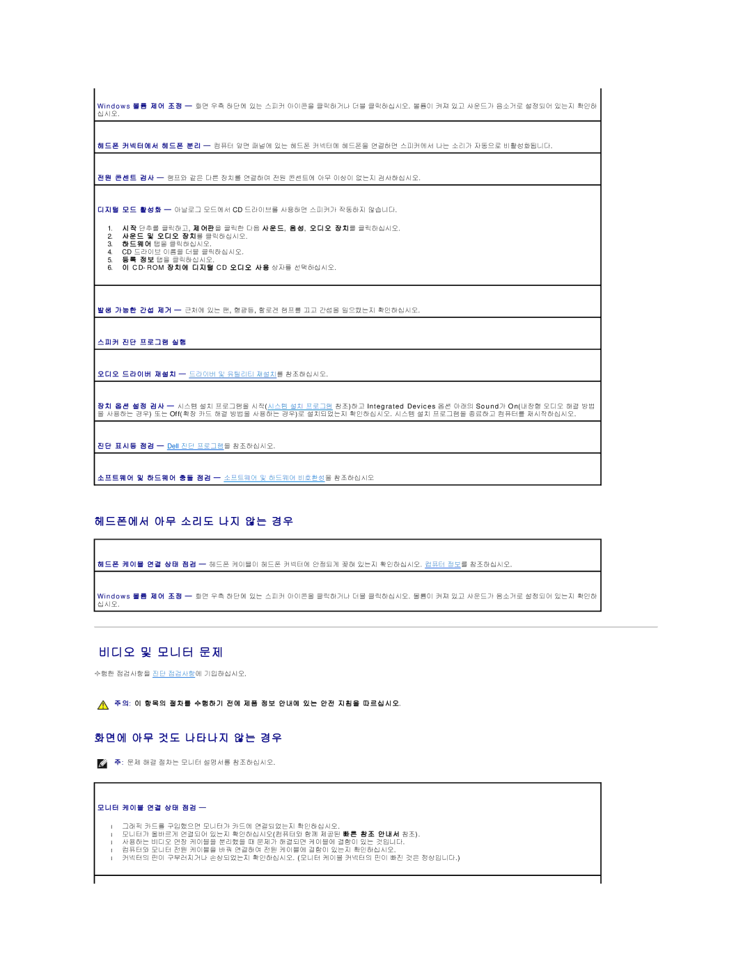 Dell 690 manual 비디오 및 모니터 문제, 헤드폰에서 아무 소리도 나지 않는 경우, 화면에 아무 것도 나타나지 않는 경우, C D-R O M 장 치 에 디 지 털 C D 오 디 오 사 용 상자를 선택하십시오 