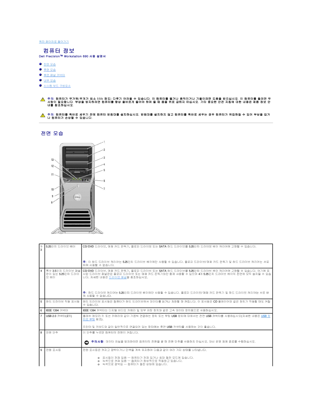 Dell 690 manual 컴퓨터 정보, 전면 모습 