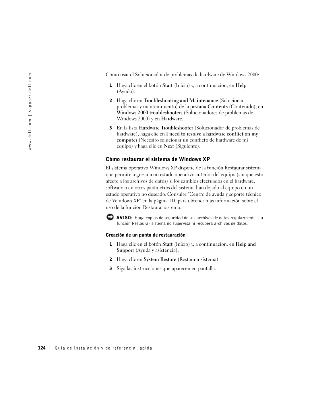 Dell 6T341 manual Cómo restaurar el sistema de Windows XP, Creación de un punto de restauración 