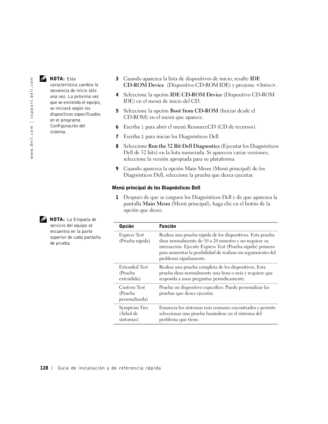 Dell 6T341 manual Menú principal de los Diagnósticos Dell, Opción Función Express Test, Prueba rápida, Problema rápidamente 