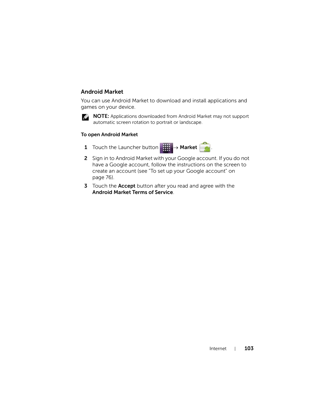 Dell 7 user manual Android Market, 103 