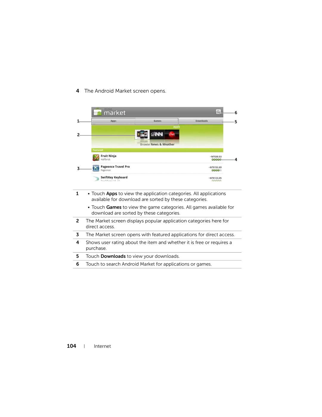 Dell 7 user manual Android Market screen opens, 104 