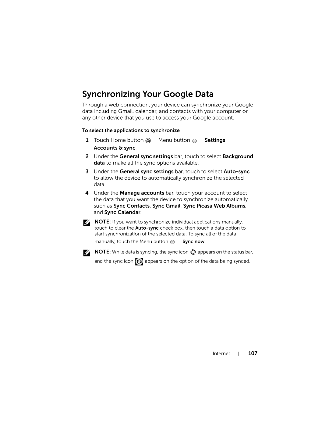 Dell user manual Synchronizing Your Google Data, 107 