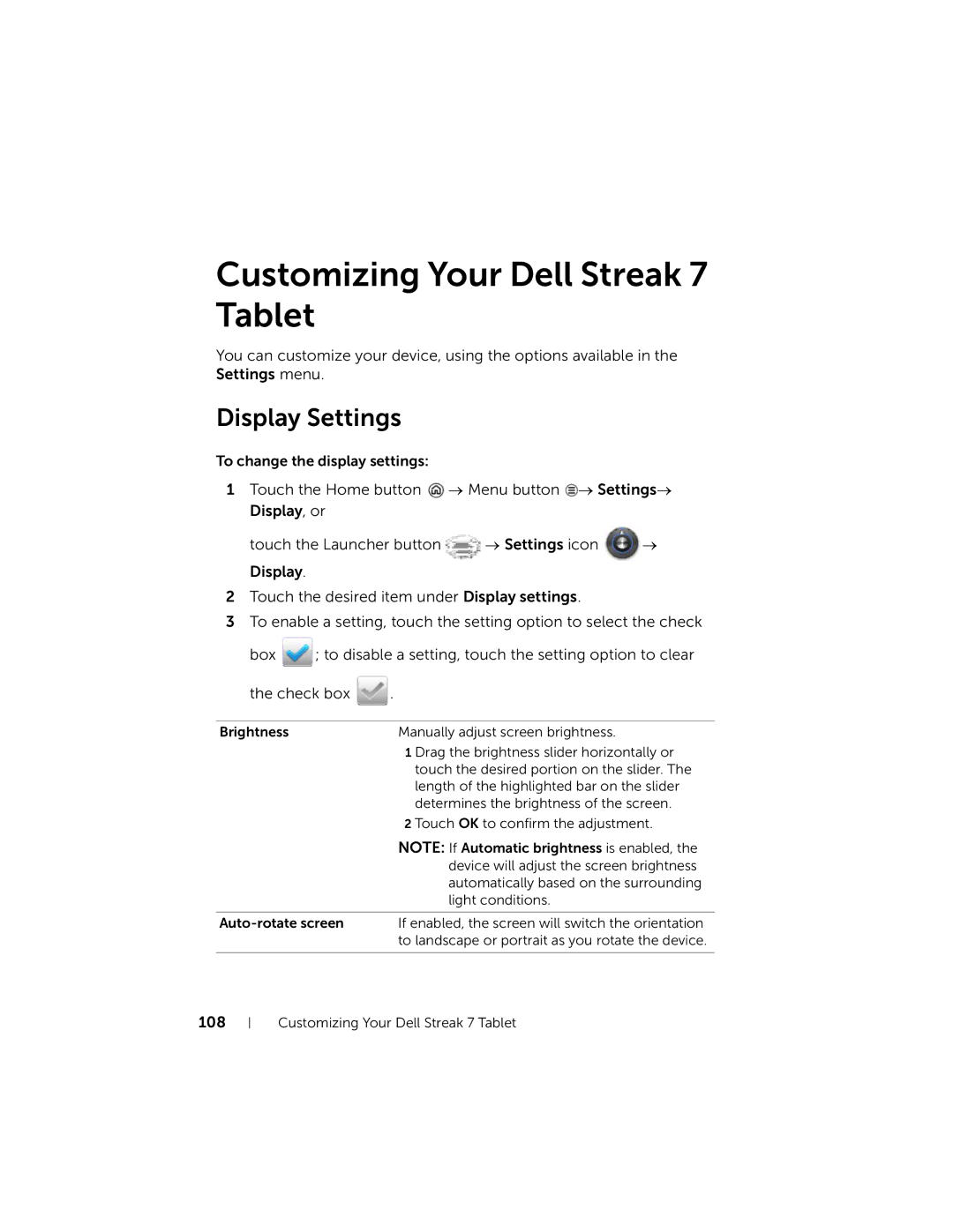 Dell 7 user manual Display Settings, 108 