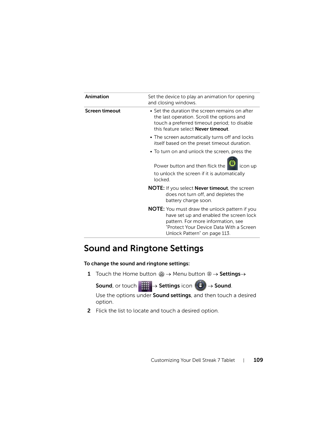 Dell 7 user manual Sound and Ringtone Settings, 109 