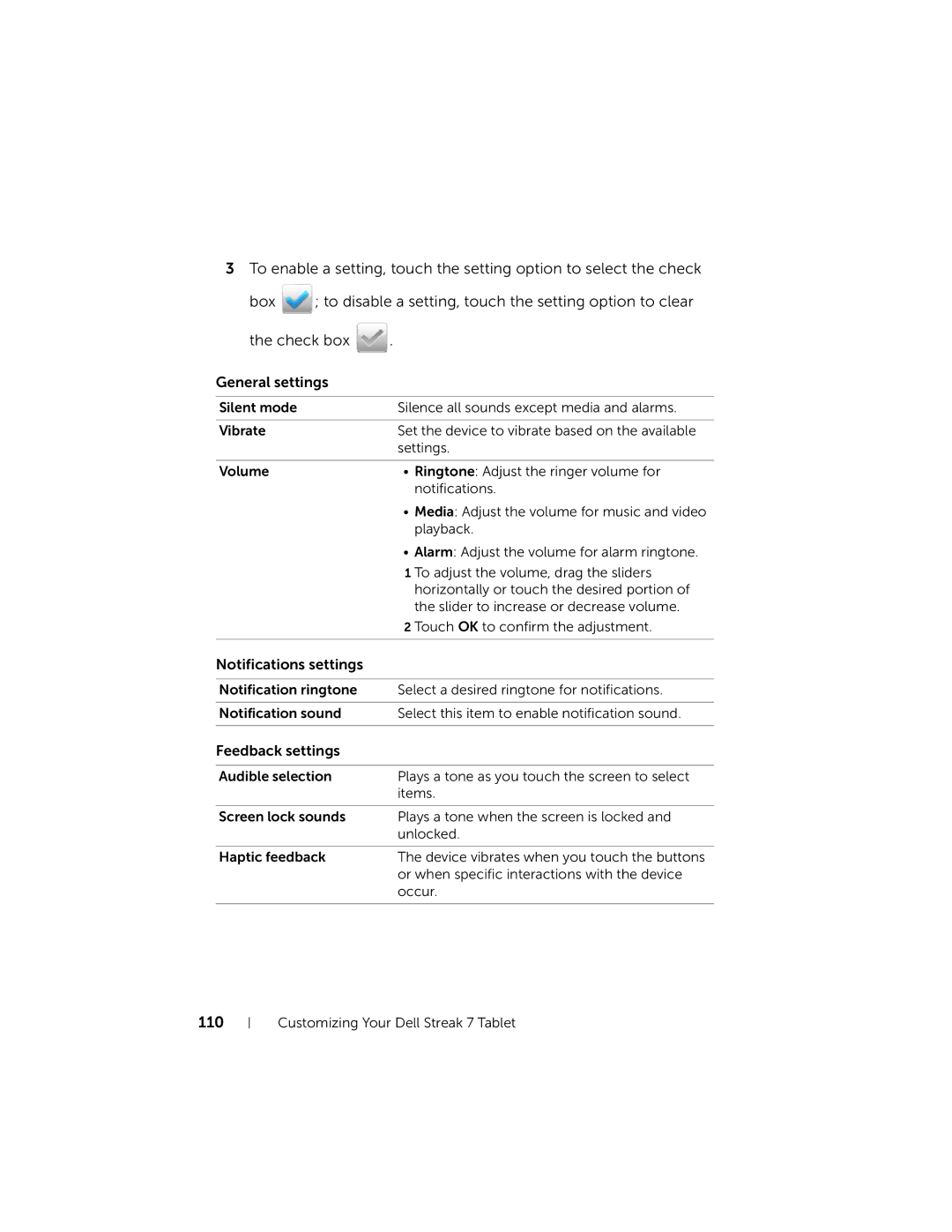 Dell 7 user manual Notifications settings, Feedback settings, 110 