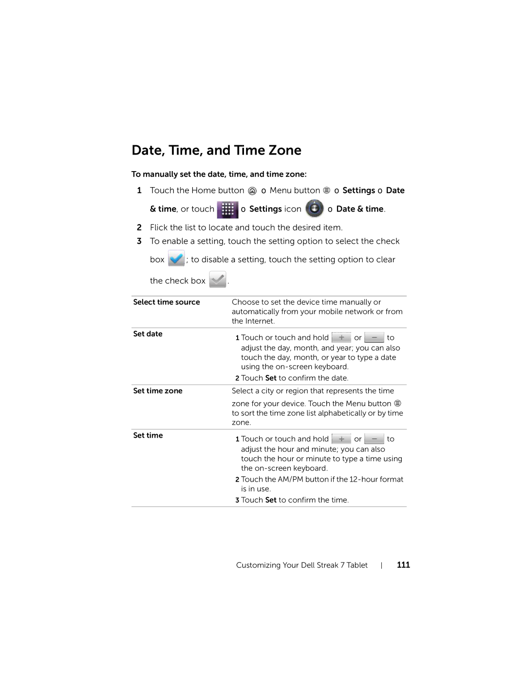 Dell 7 user manual Date, Time, and Time Zone, 111 