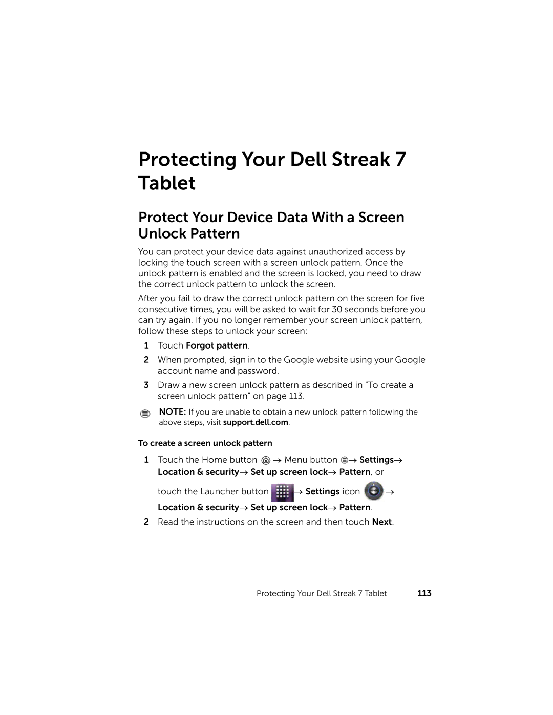 Dell 7 user manual Protect Your Device Data With a Screen Unlock Pattern, 113 