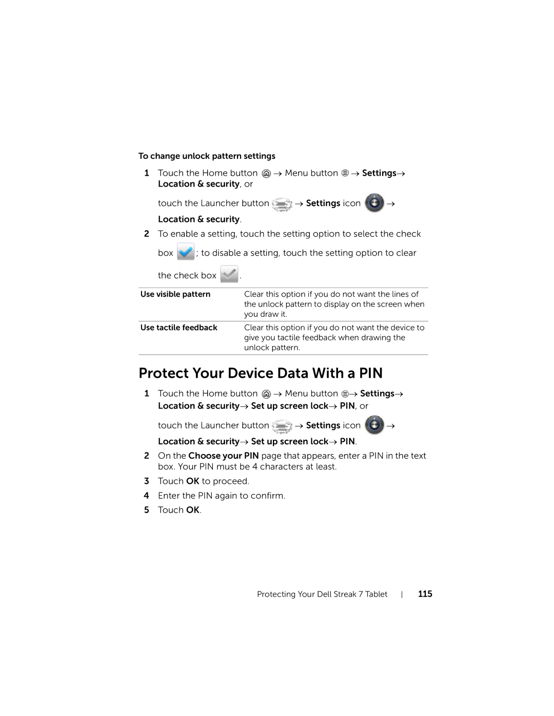 Dell 7 user manual Protect Your Device Data With a PIN, 115 