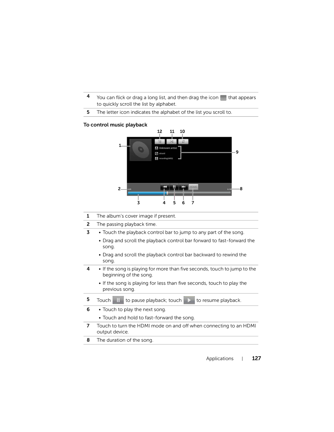 Dell user manual To control music playback, 127 