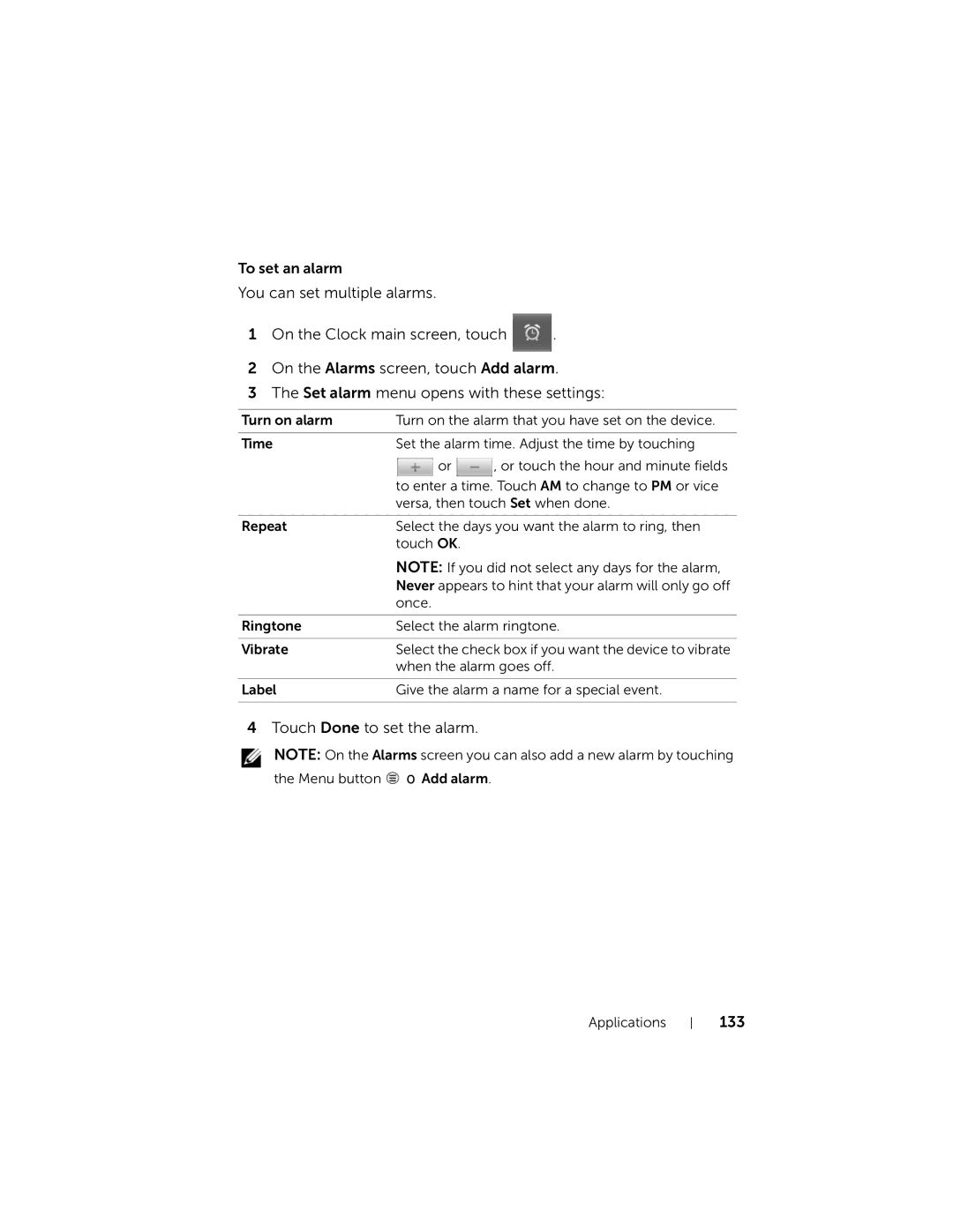 Dell 7 user manual Touch Done to set the alarm, 133 