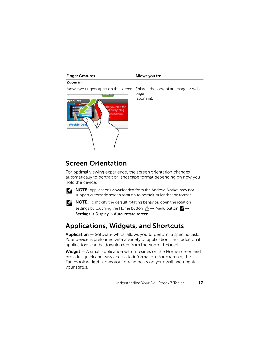 Dell 7 user manual Screen Orientation, Applications, Widgets, and Shortcuts 