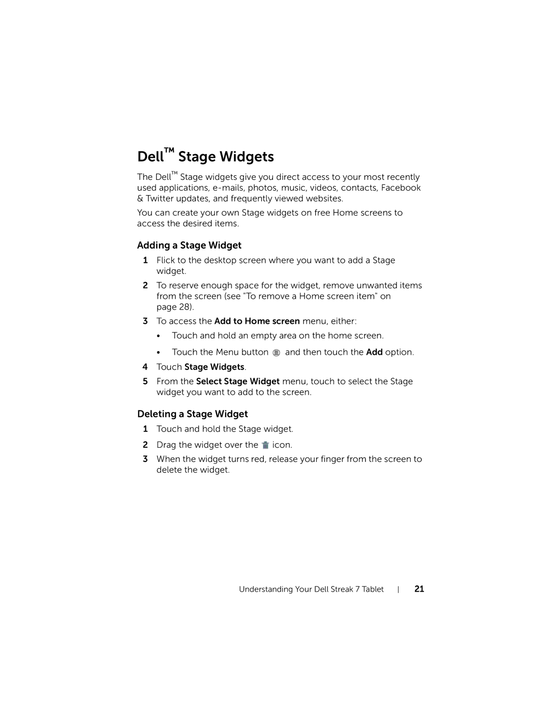 Dell 7 user manual Dell Stage Widgets, Adding a Stage Widget, Deleting a Stage Widget 