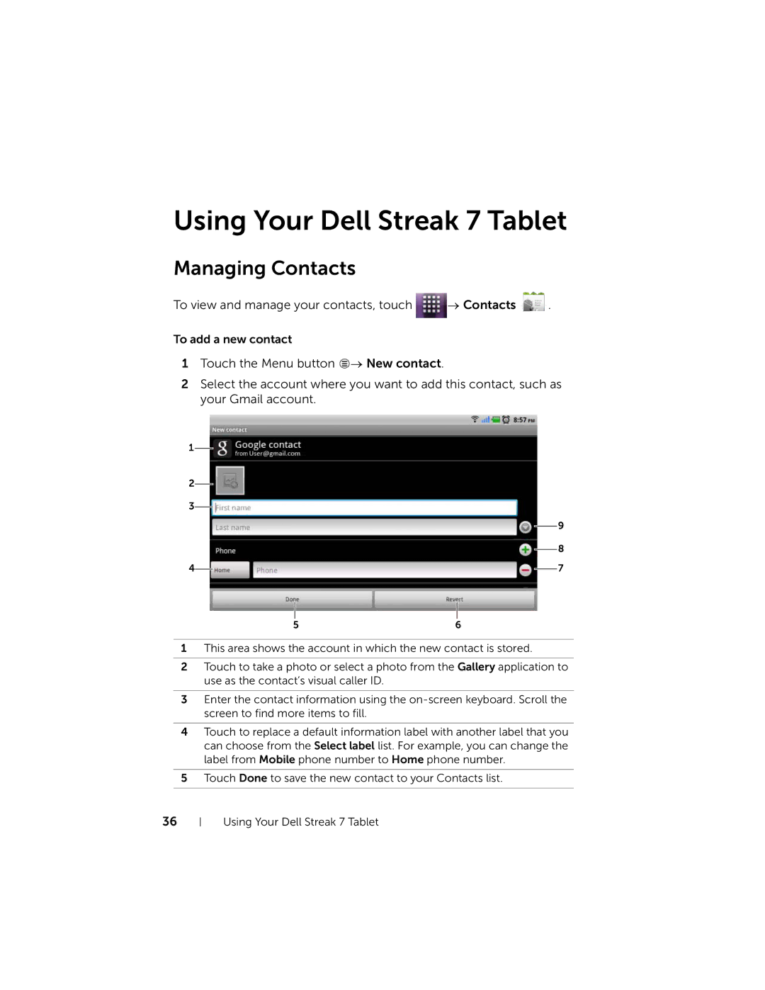 Dell user manual Using Your Dell Streak 7 Tablet, Managing Contacts 