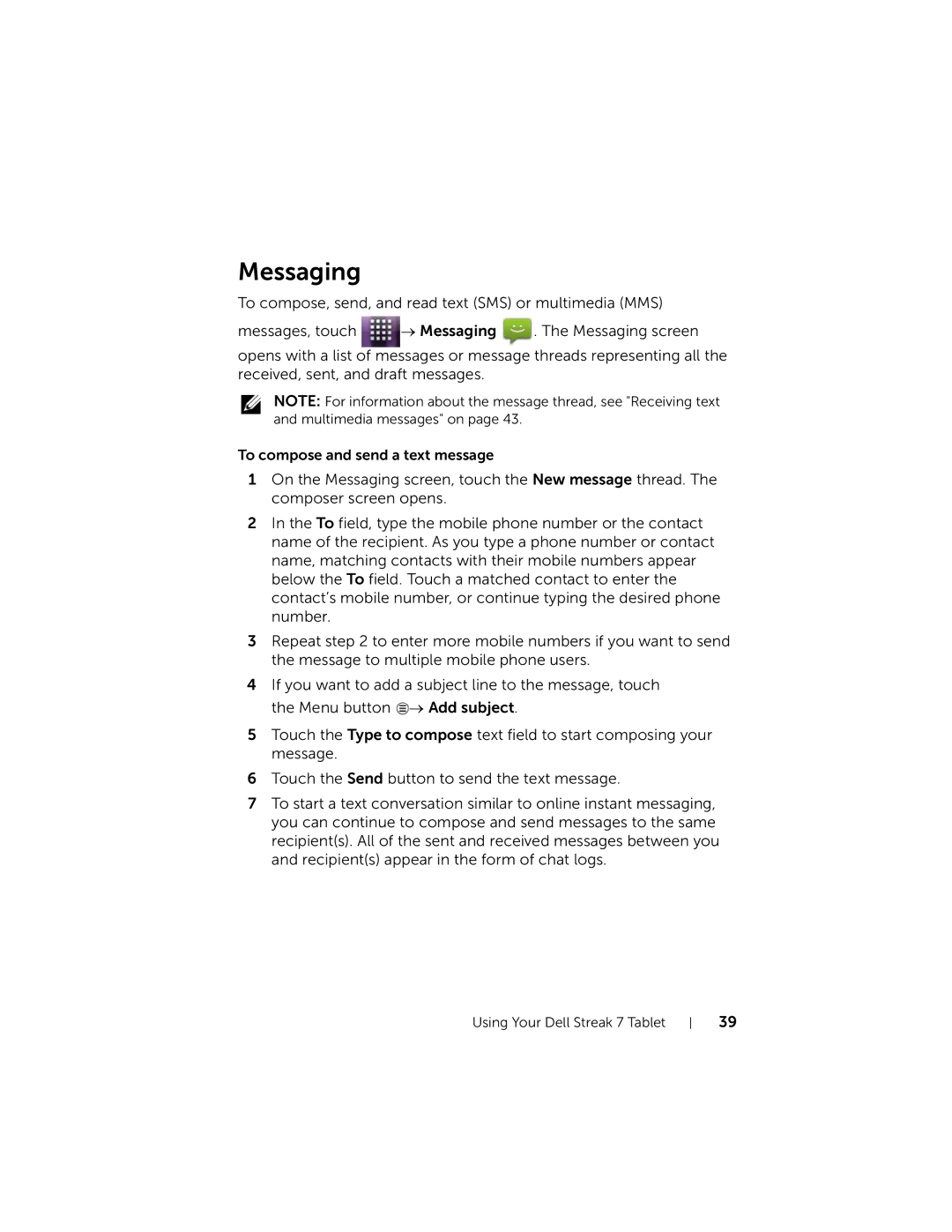 Dell 7 user manual Messaging 