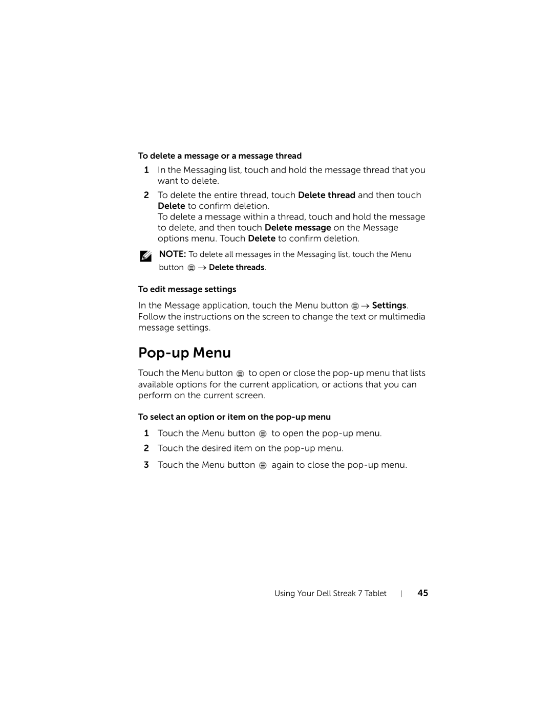 Dell 7 user manual Pop-up Menu 