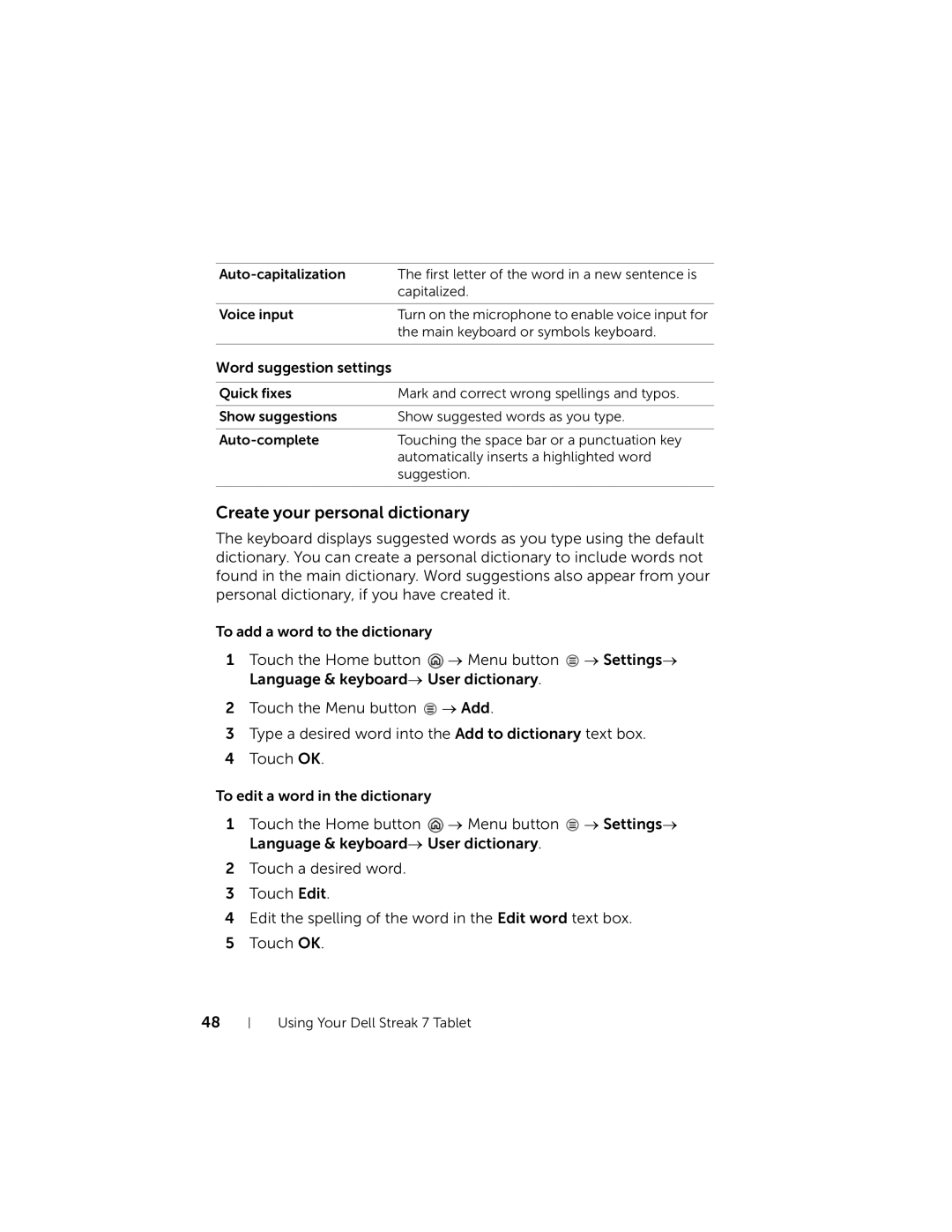 Dell 7 user manual Create your personal dictionary, Word suggestion settings 