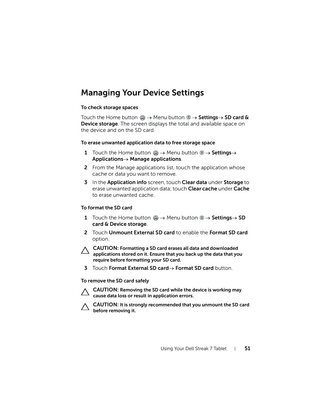 Dell 7 user manual Managing Your Device Settings 