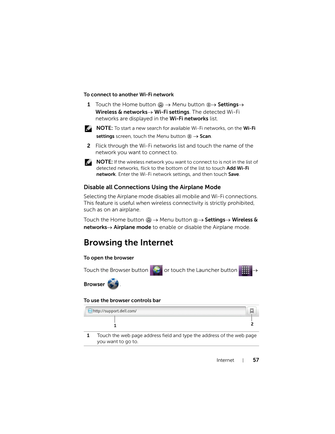 Dell 7 user manual Browsing the Internet, Disable all Connections Using the Airplane Mode 