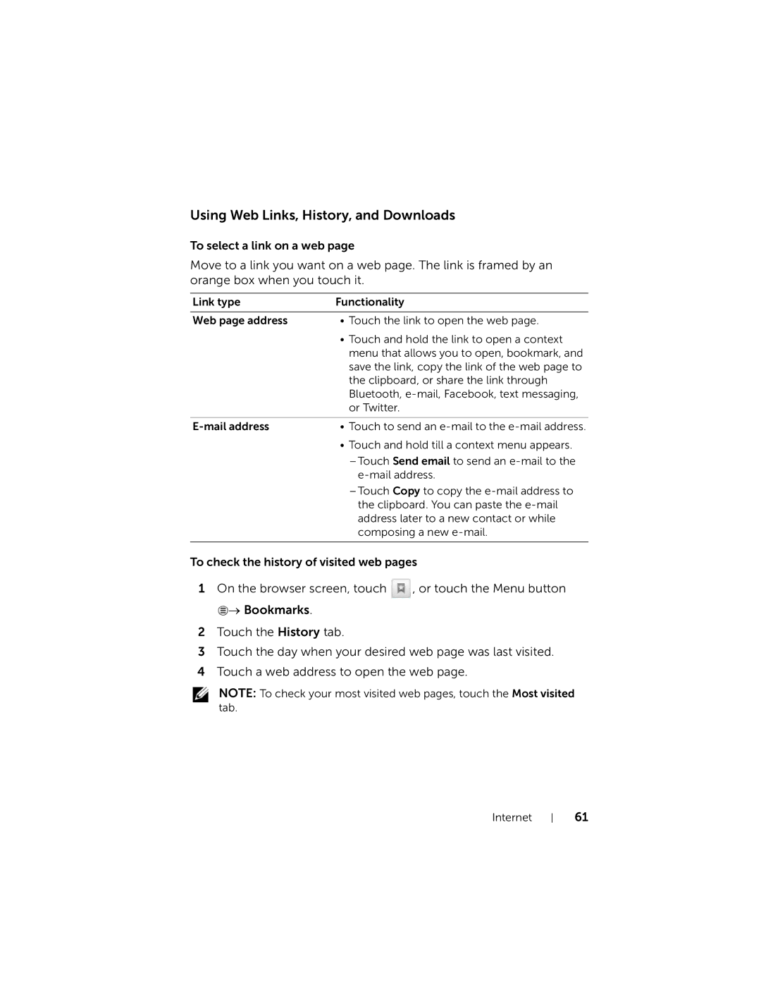 Dell 7 user manual Using Web Links, History, and Downloads 