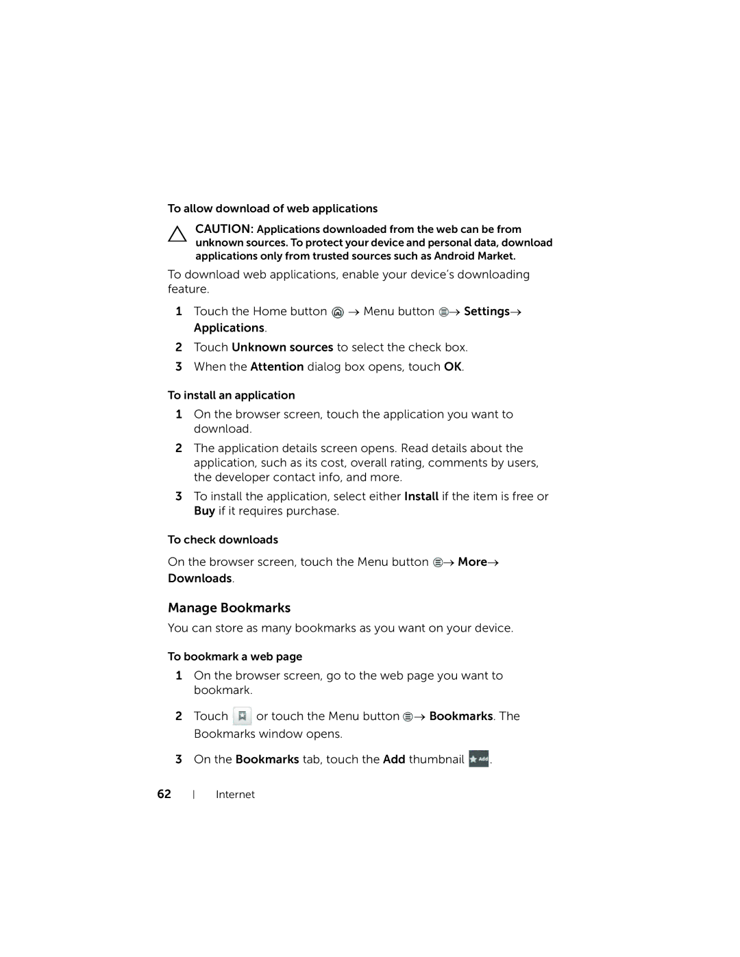 Dell 7 user manual Manage Bookmarks 