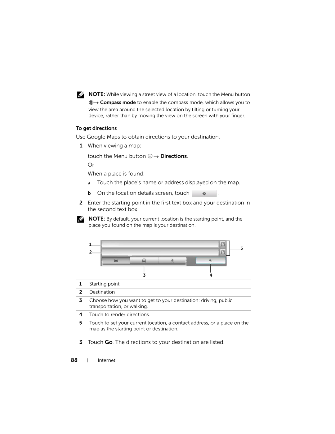 Dell 7 user manual Touch Go. The directions to your destination are listed 