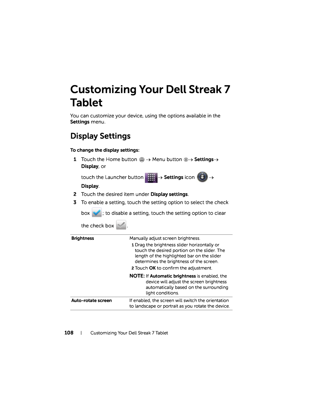 Dell user manual Customizing Your Dell Streak 7 Tablet, Display Settings 
