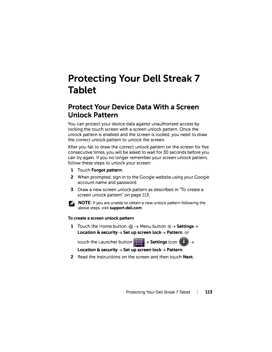 Dell user manual Protecting Your Dell Streak 7 Tablet, Protect Your Device Data With a Screen Unlock Pattern 