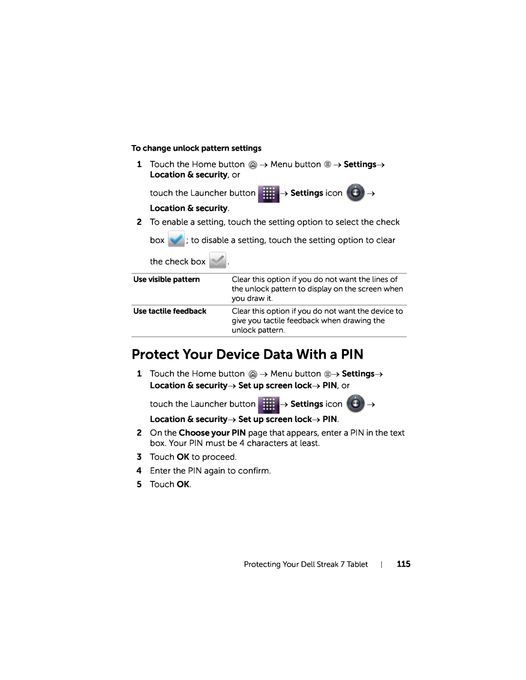 Dell 7 user manual Protect Your Device Data With a PIN 